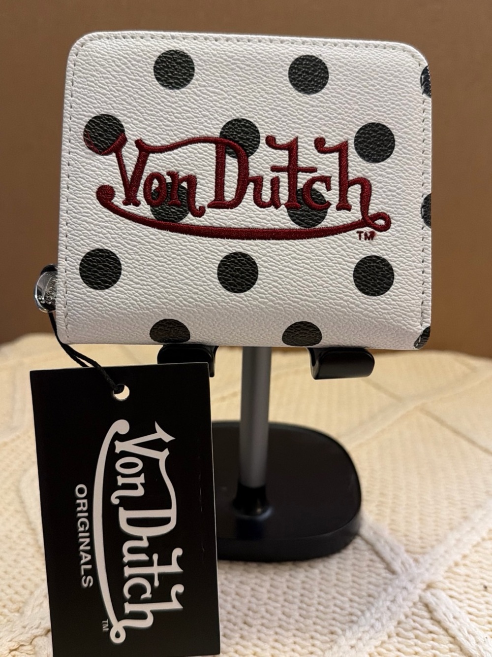 Von Dutch White Wallet with Black Zip Pull and Black Tag